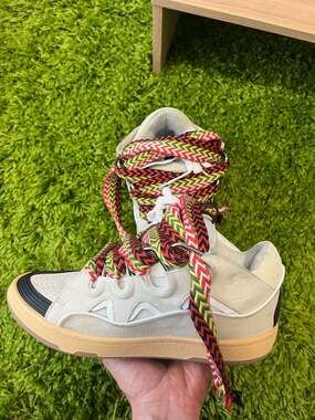 Lanvin Leather Curb Sneakers Off-White and Black with Multicolour Laces